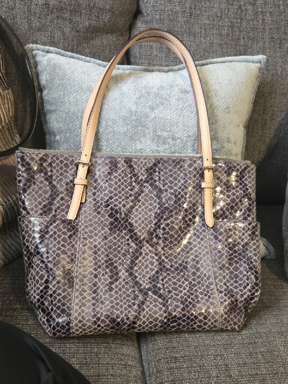 Michael Kors Women’s Snake-Print Tote Bag with Beige Handles